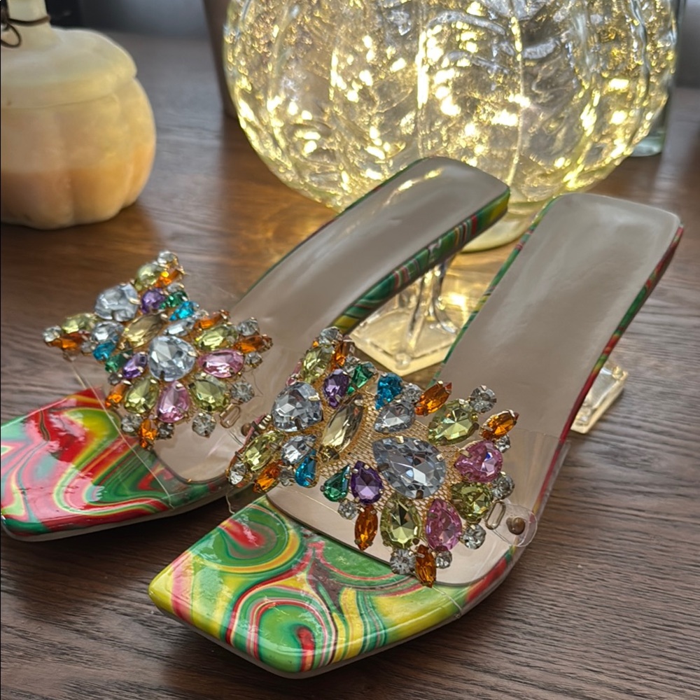 Green and Yellow Heels with Jeweled Embellishments